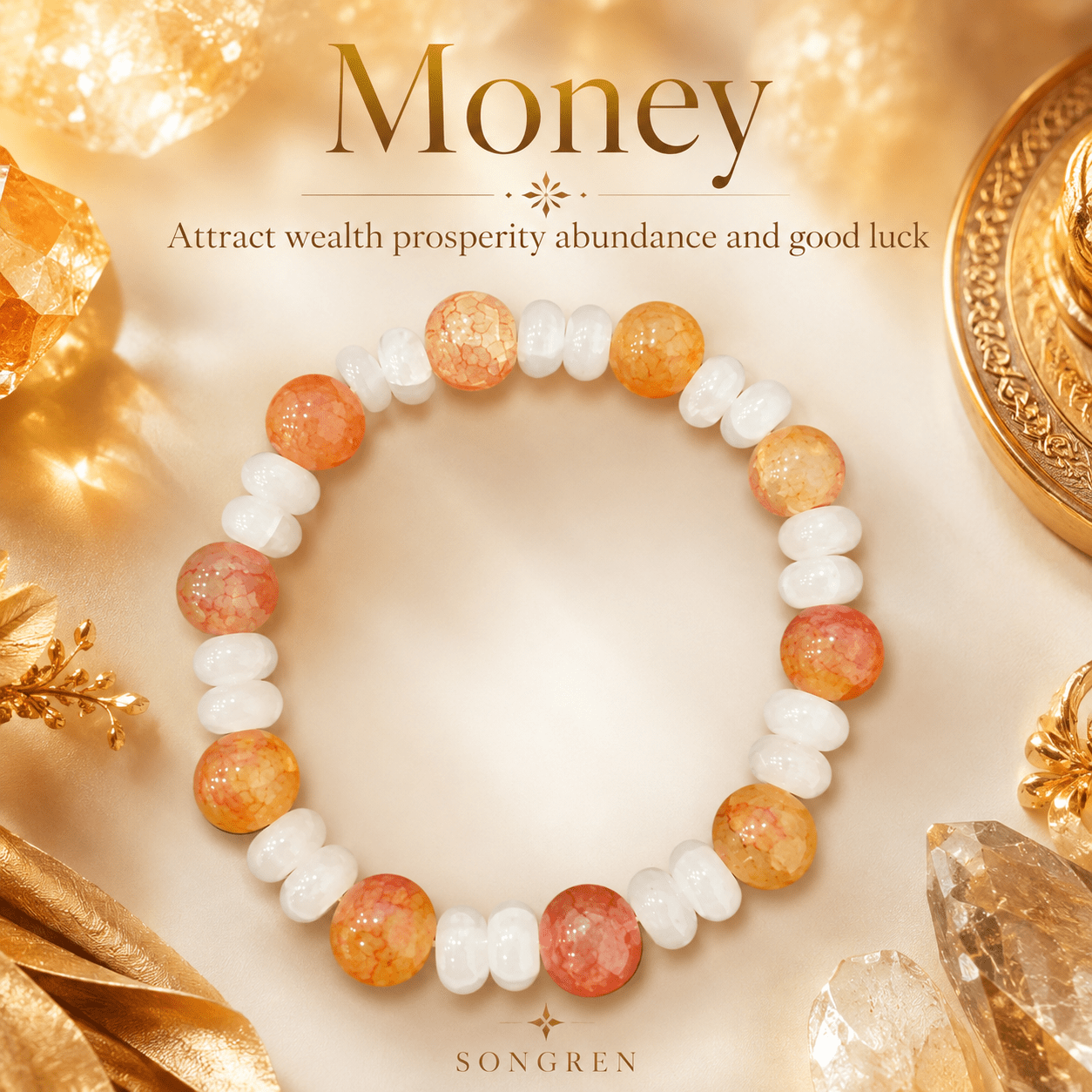 Warm Orange Gradient Exploding Flowers Glass Bead Bracelet, Casual Style